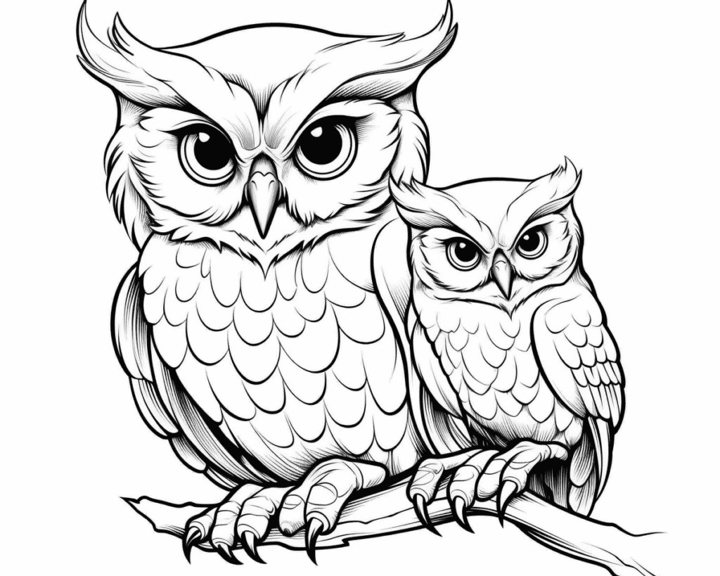 Omaľovánka veľkej a menšej sovy sediacich tesne vedľa seba na jednom konári